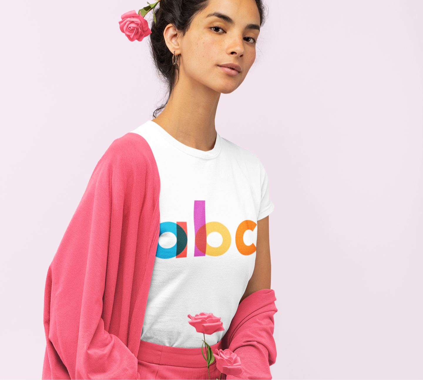 woman wearing abc t-shirt
